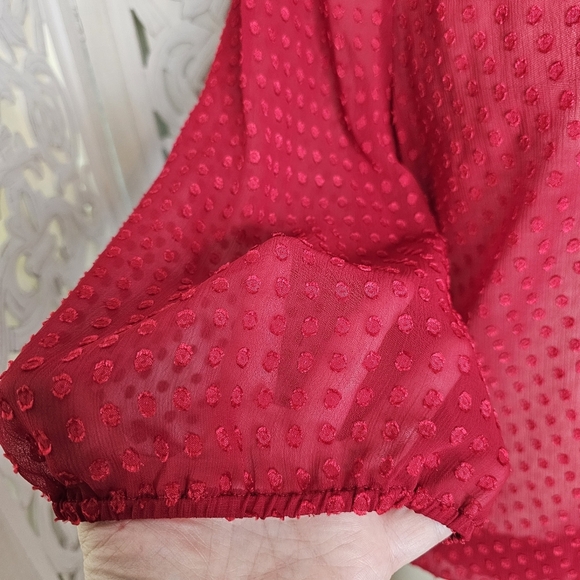 LOFT Red Sheer Swiss Dot Long Sleeve Blouse Size L - Picture 6 of 11